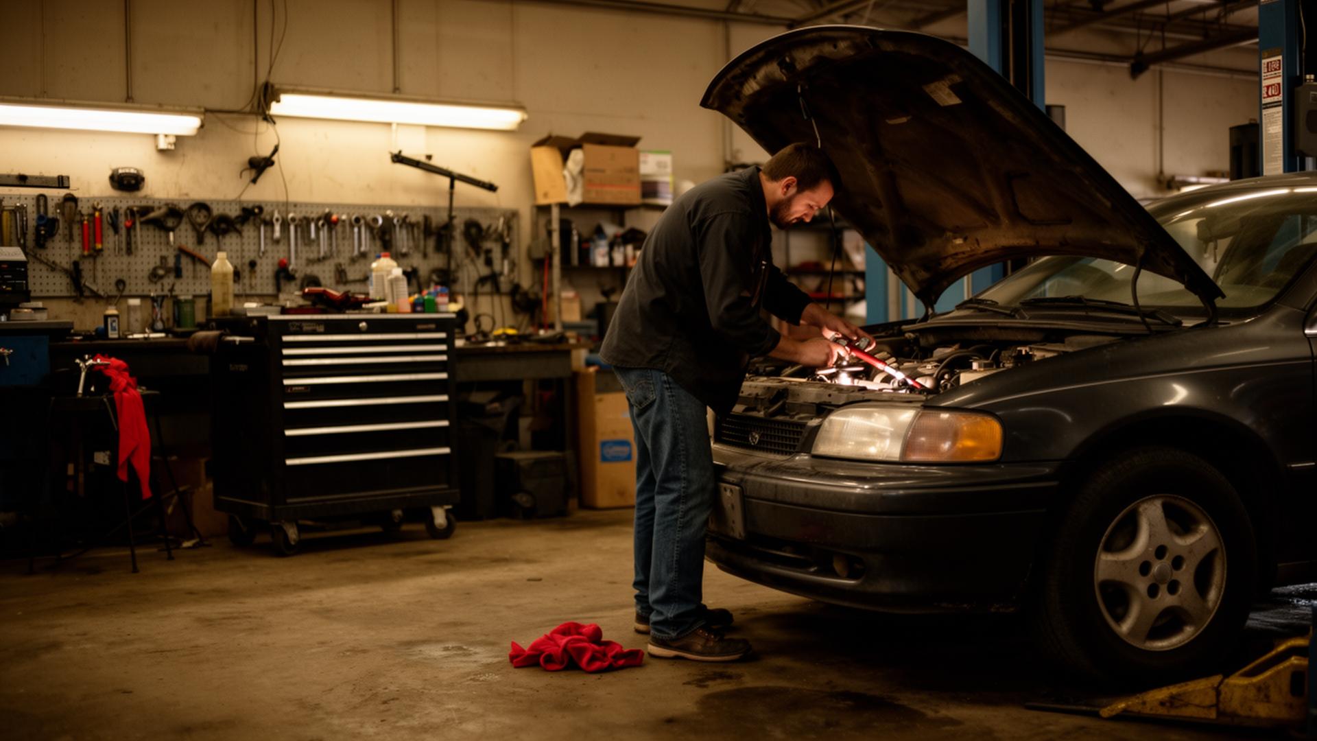 Mechanic working under the hood of a car inside a local Wichita auto repair garage